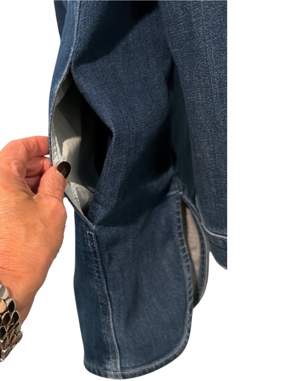Chico’s size 3 Denim Shacket XL Stretch Longline Snap Front Side Vent Pockets - Picture 4 of 9